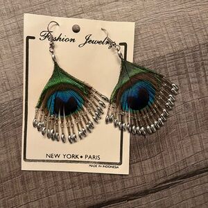 3” peacock feather earrings with silver bead accents